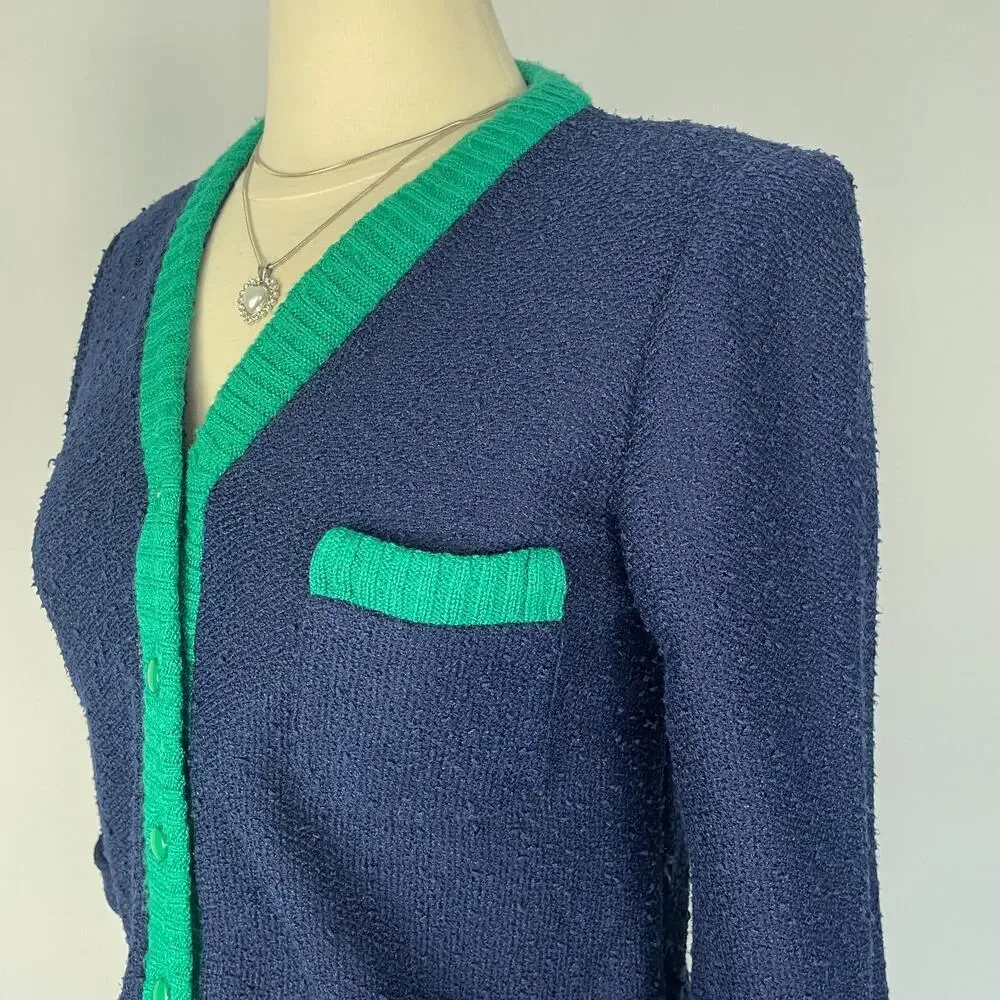 Vintage Skirt Set Size Small Navy Blue Knit Cardigan Retro Minimal Academia Twee